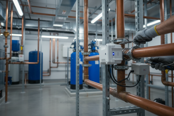 Technician installing water flow sensor - RPM water monitoring