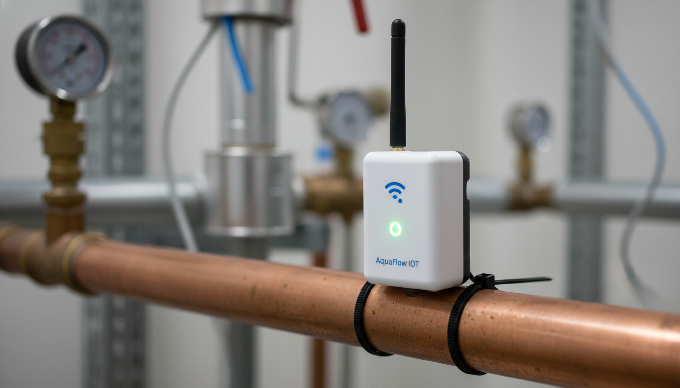 Wireless IoT water sensor mounted on pipe with status LED