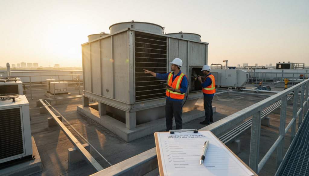 Engineer inspecting cooling tower with checklist - sewer credit readiness