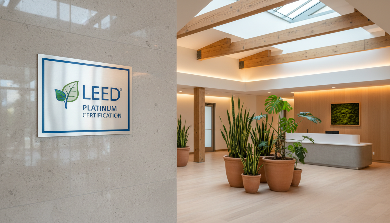 LEED certification plaque on modern green building wall