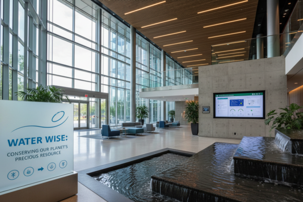 Modern commercial building lobby - water management for buildings