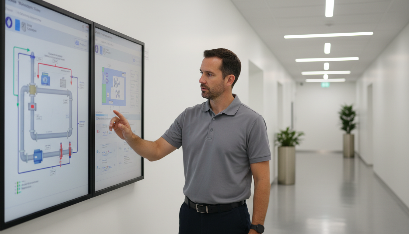 Building engineer reviewing BMS touchscreen panel