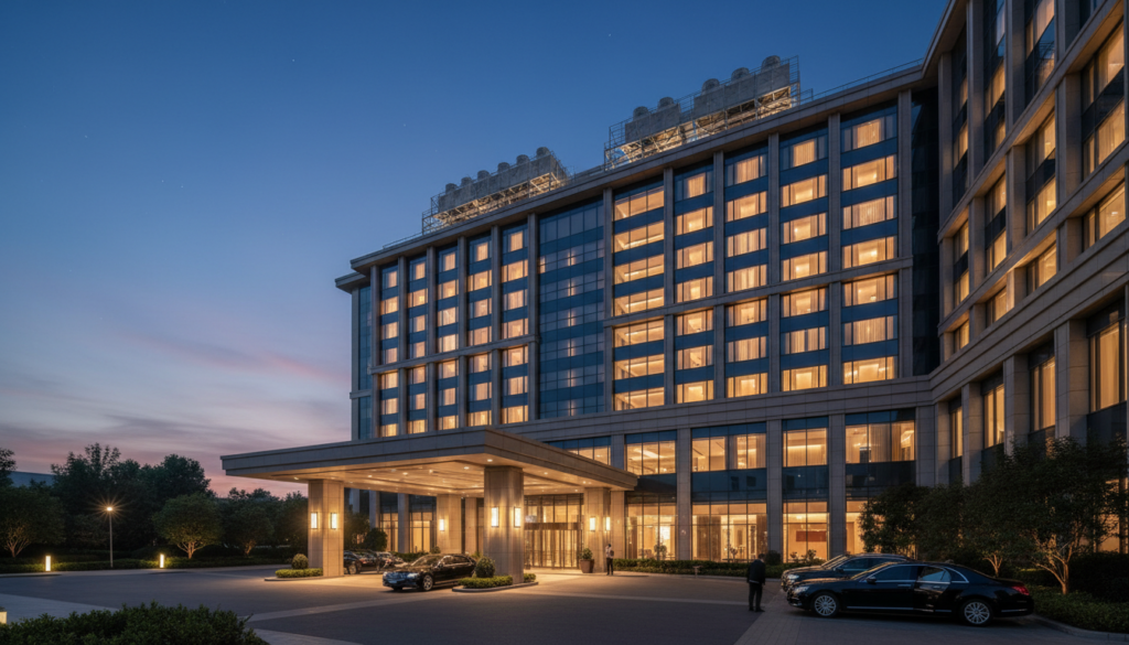 Luxury hotel at dusk with cooling infrastructure - hotel water monitoring