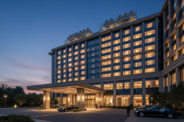 Luxury hotel at dusk with cooling infrastructure - hotel water monitoring