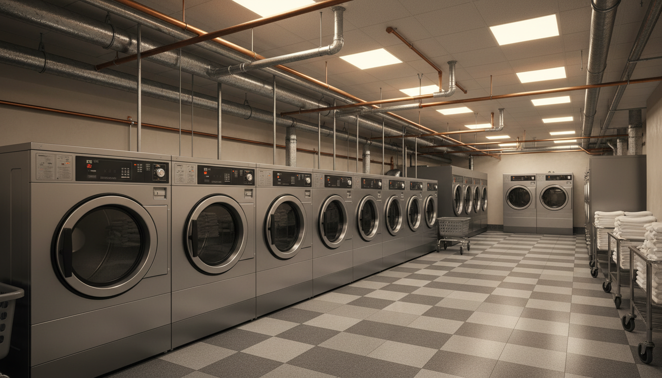 Hotel commercial laundry room with industrial washing machines