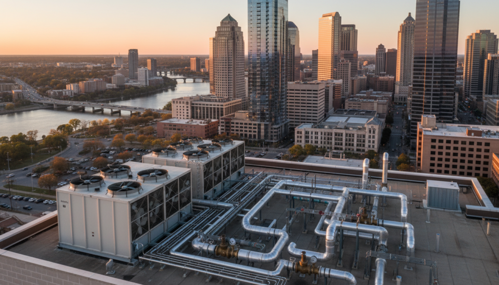 City skyline with rooftop mechanical infrastructure at golden hour - sewer credit requirements by city