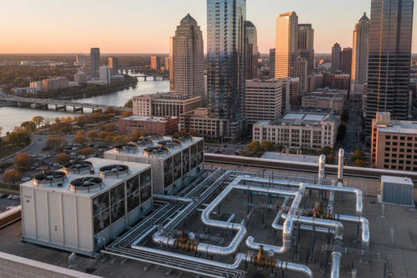City skyline with rooftop mechanical infrastructure at golden hour - sewer credit requirements by city