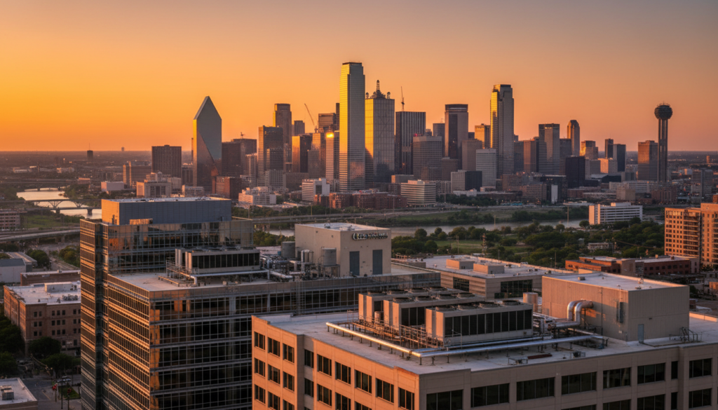 Dallas skyline at golden hour - Dallas sewer credit programs