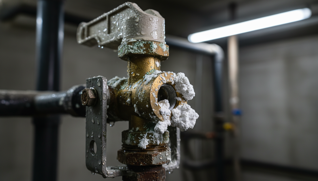 Cooling tower float valve with calcium scale deposits and corrosion