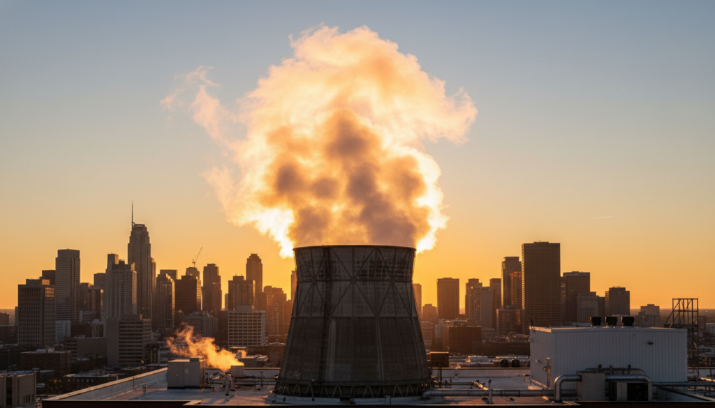 Cooling tower evaporation plume at dawn - evaporation credits explained