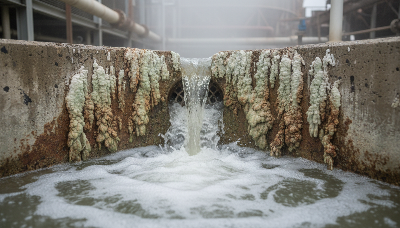 Cooling tower basin drain showing mineral scale buildup