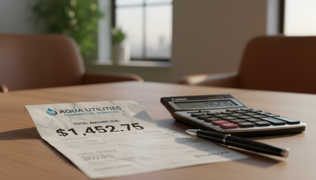Commercial water utility bill on desk - sewer overpayment analysis