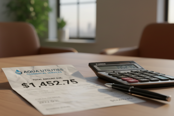Commercial water utility bill on desk - sewer overpayment analysis