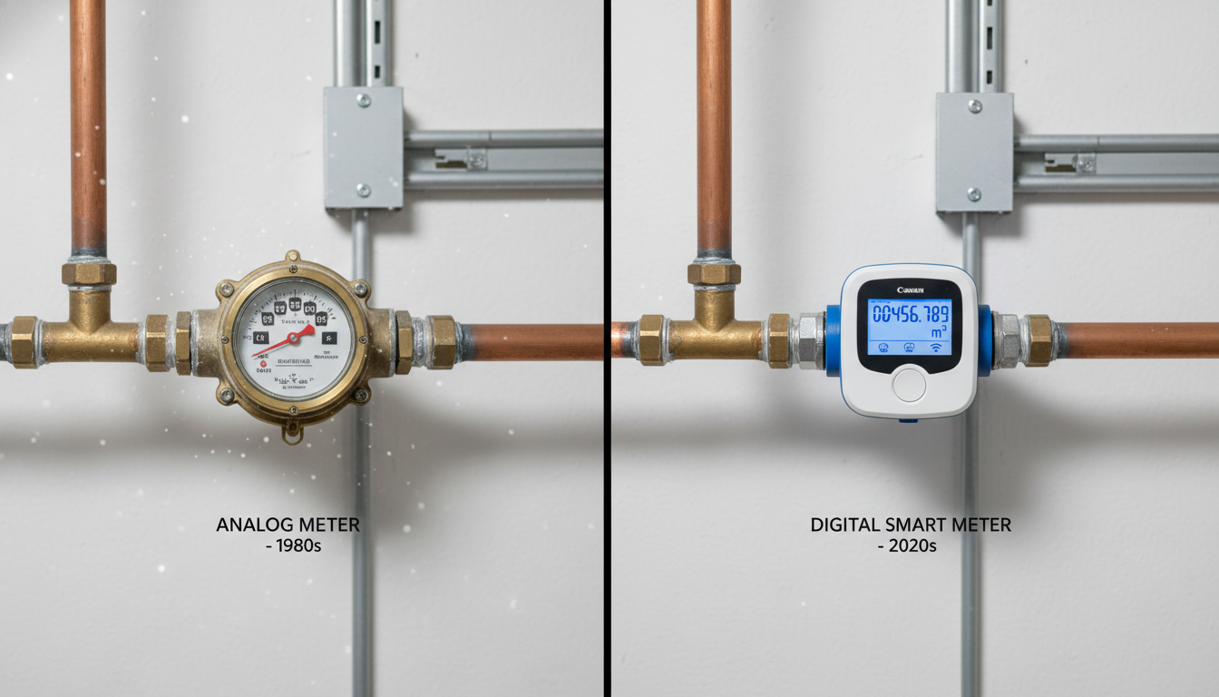 Analog water meter versus modern digital smart meter comparison