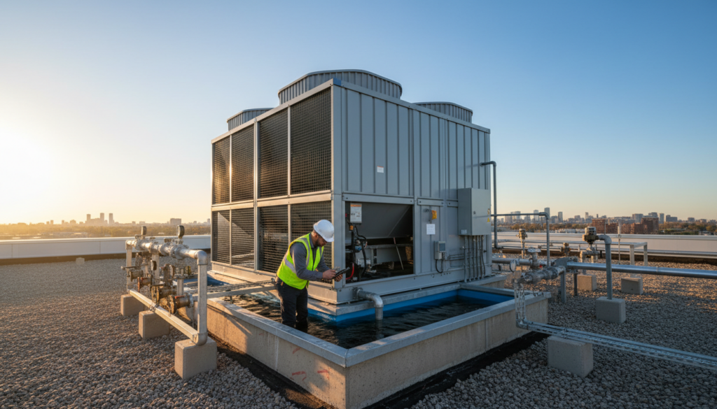 Technician inspecting cooling tower on rooftop - sewer credit qualification