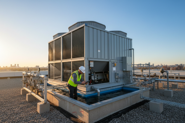 Technician inspecting cooling tower on rooftop - sewer credit qualification
