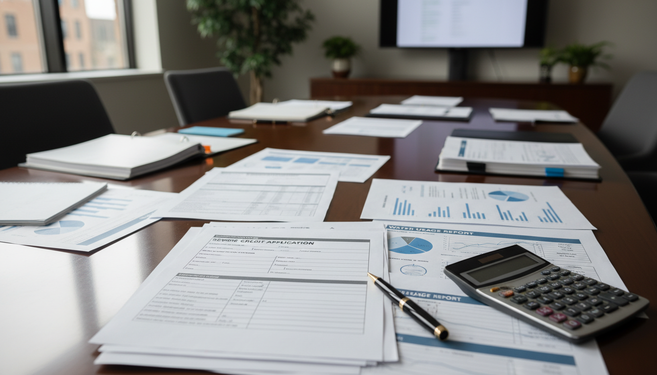 Sewer credit application paperwork and water usage reports on desk