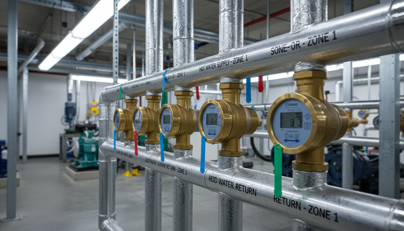 Row of inline water submeters on parallel pipes