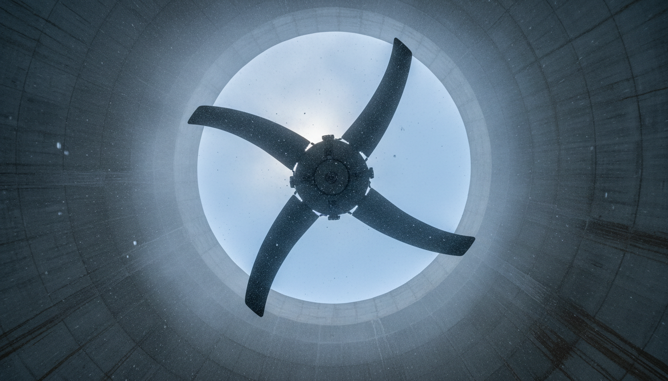 View looking up at commercial cooling tower fan blades with mist