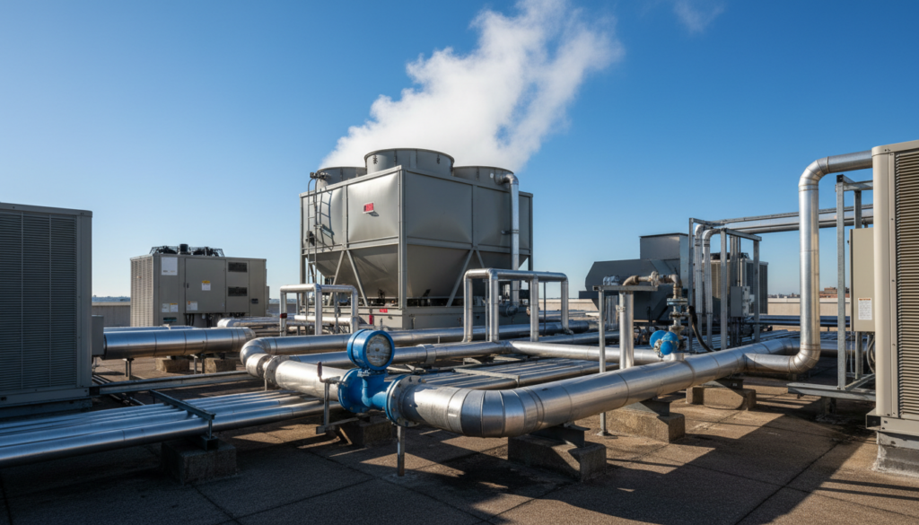 Cooling tower rooftop with water meter