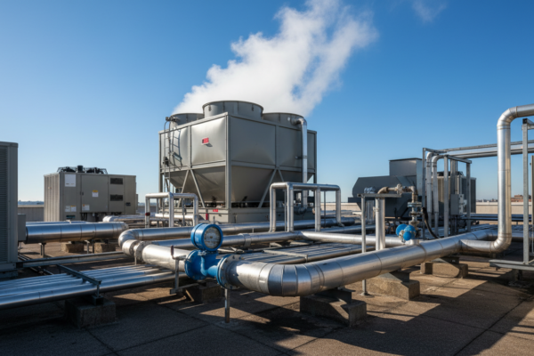 Cooling tower rooftop with water meter
