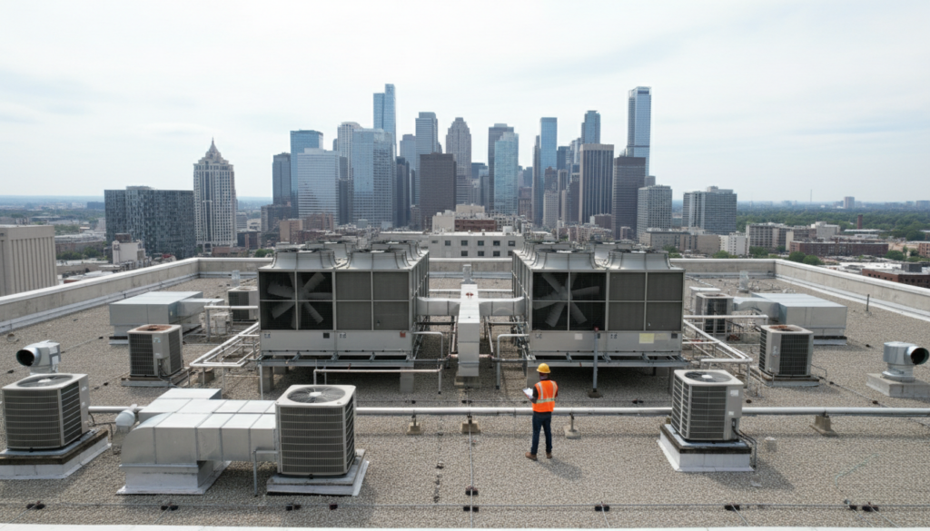 Aerial view of rooftop cooling tower equipment