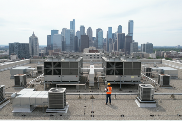 Aerial view of rooftop cooling tower equipment
