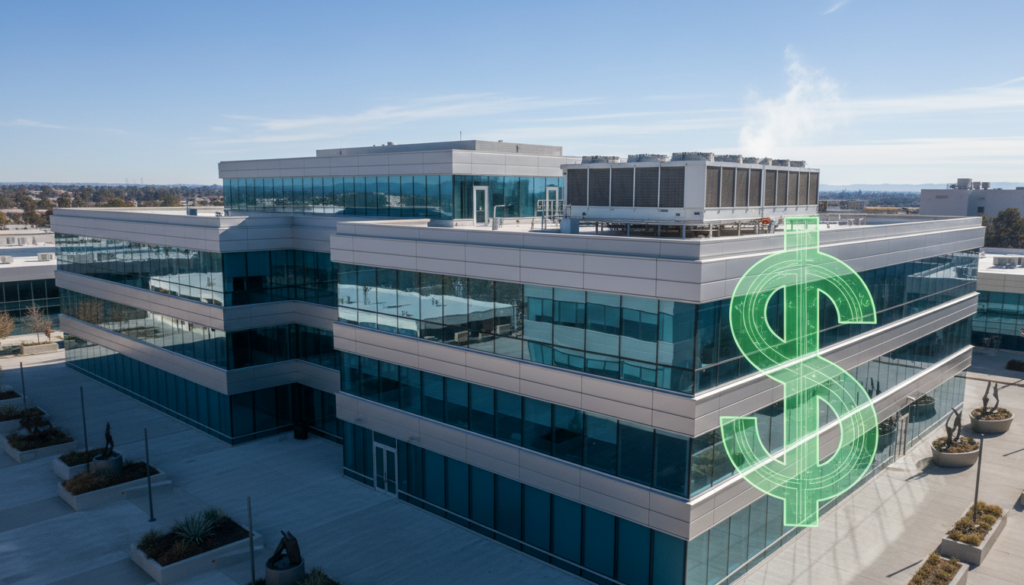 Commercial building with cooling tower