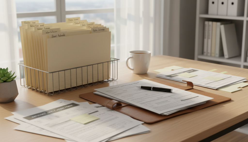 Documentation and application forms on desk