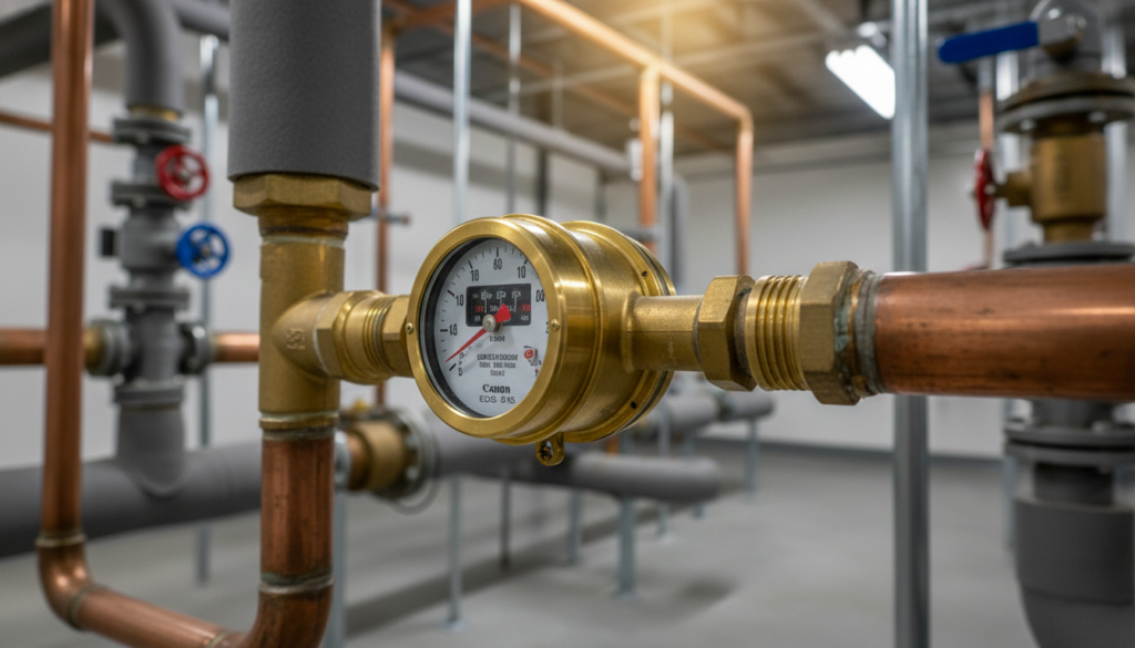 Brass water meter on copper piping