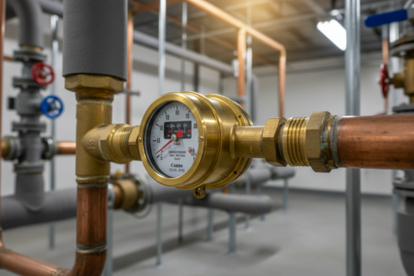 Brass water meter on copper piping