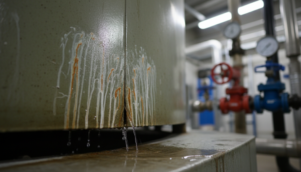 Cooling tower basin with water leak at corroded joint