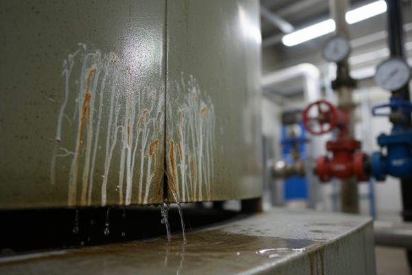 Cooling tower basin with water leak at corroded joint