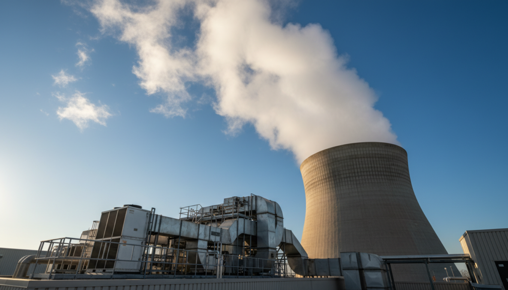 Cooling tower drift plume against blue sky