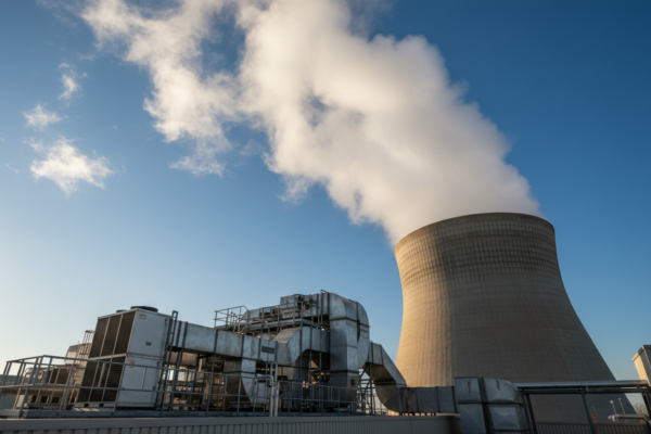 Cooling tower drift plume against blue sky