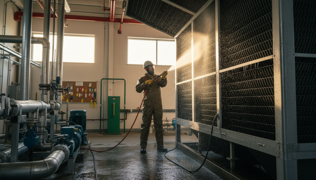 Technician cleaning cooling tower fill media