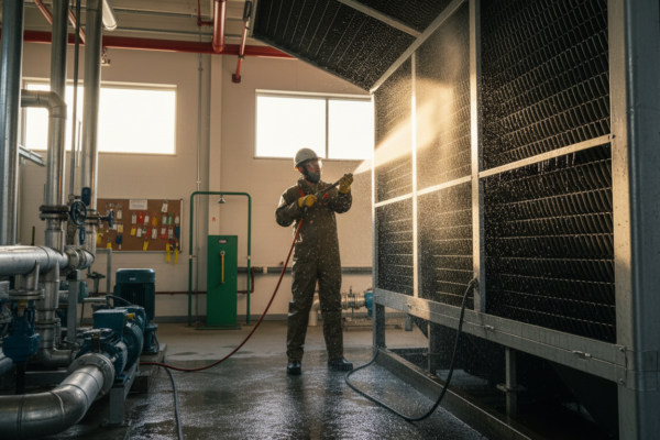 Technician cleaning cooling tower fill media