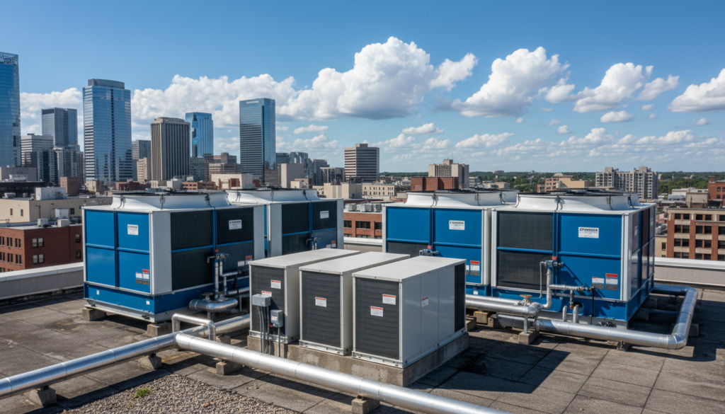 Multiple cooling tower units on building rooftop