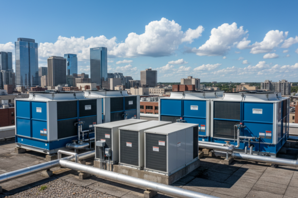 Multiple cooling tower units on building rooftop