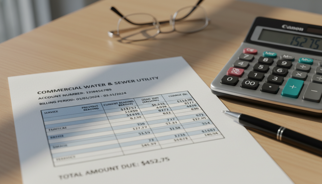 Commercial water and sewer utility bill on desk