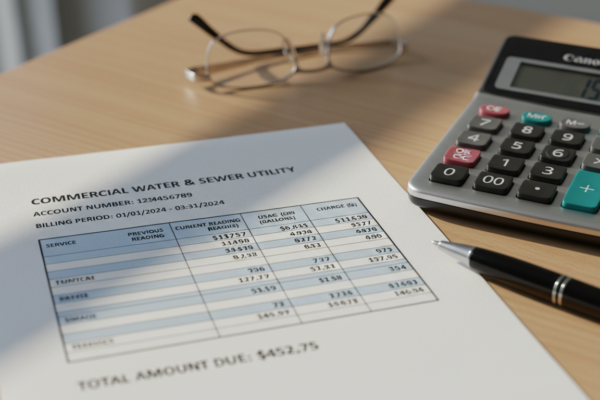 Commercial water and sewer utility bill on desk