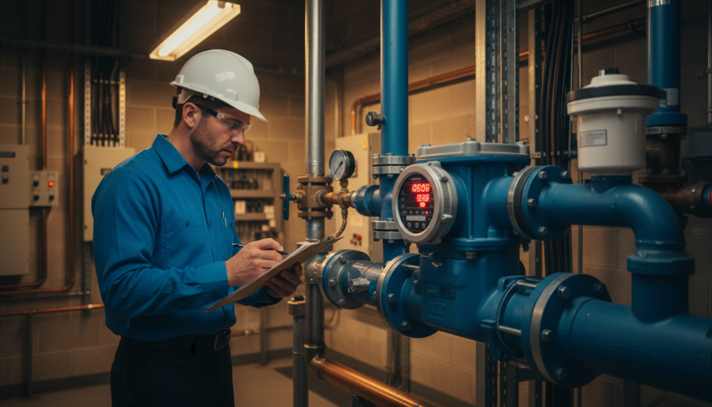Facility manager examining commercial water meter