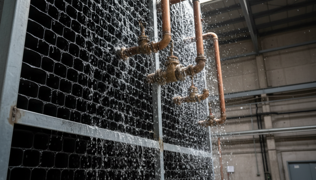 Water flowing through cooling tower fill media