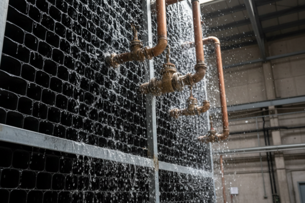 Water flowing through cooling tower fill media