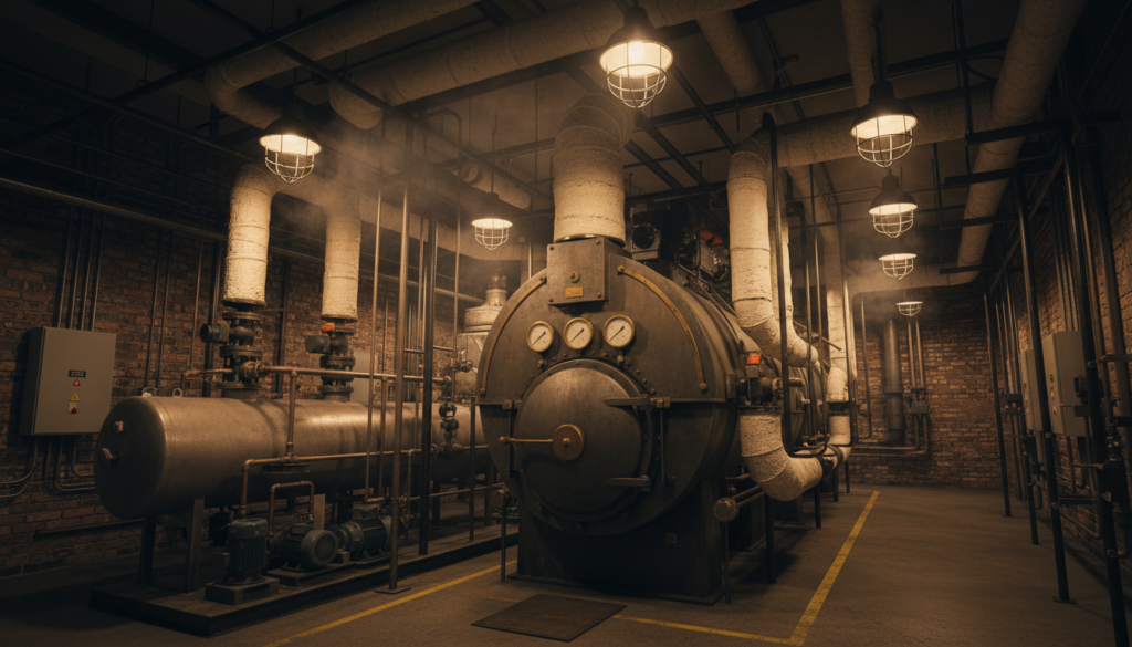 Commercial steam boiler room with pressure gauges