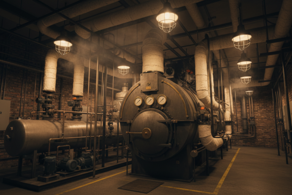 Commercial steam boiler room with pressure gauges