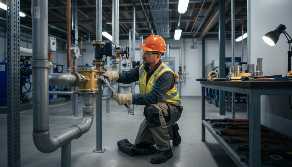 Commercial plumber installing water meter