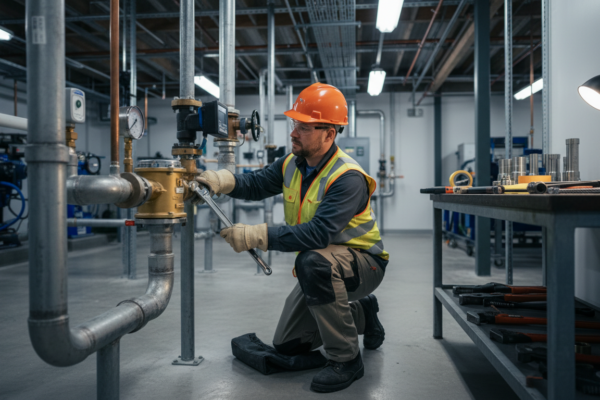 Commercial plumber installing water meter