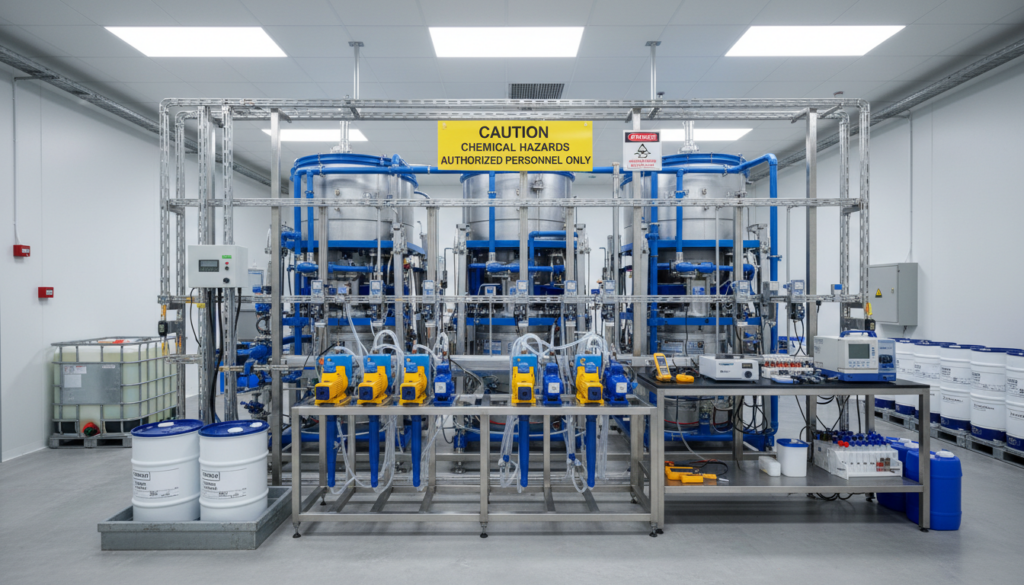 Cooling tower water treatment chemical dosing system