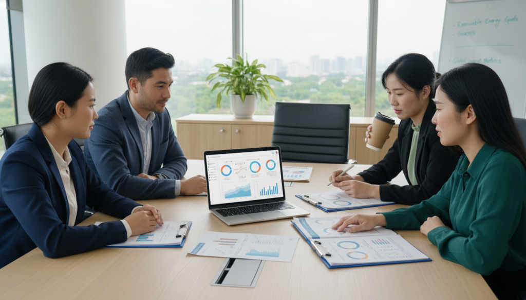 Corporate team reviewing ESG sustainability reports